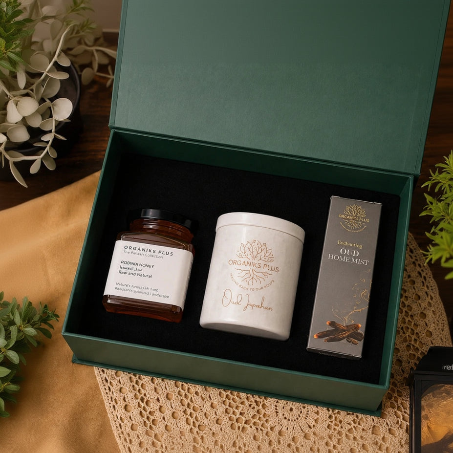 Orgniks Plus gift pack with Beeswax marble candle, mist and Honey