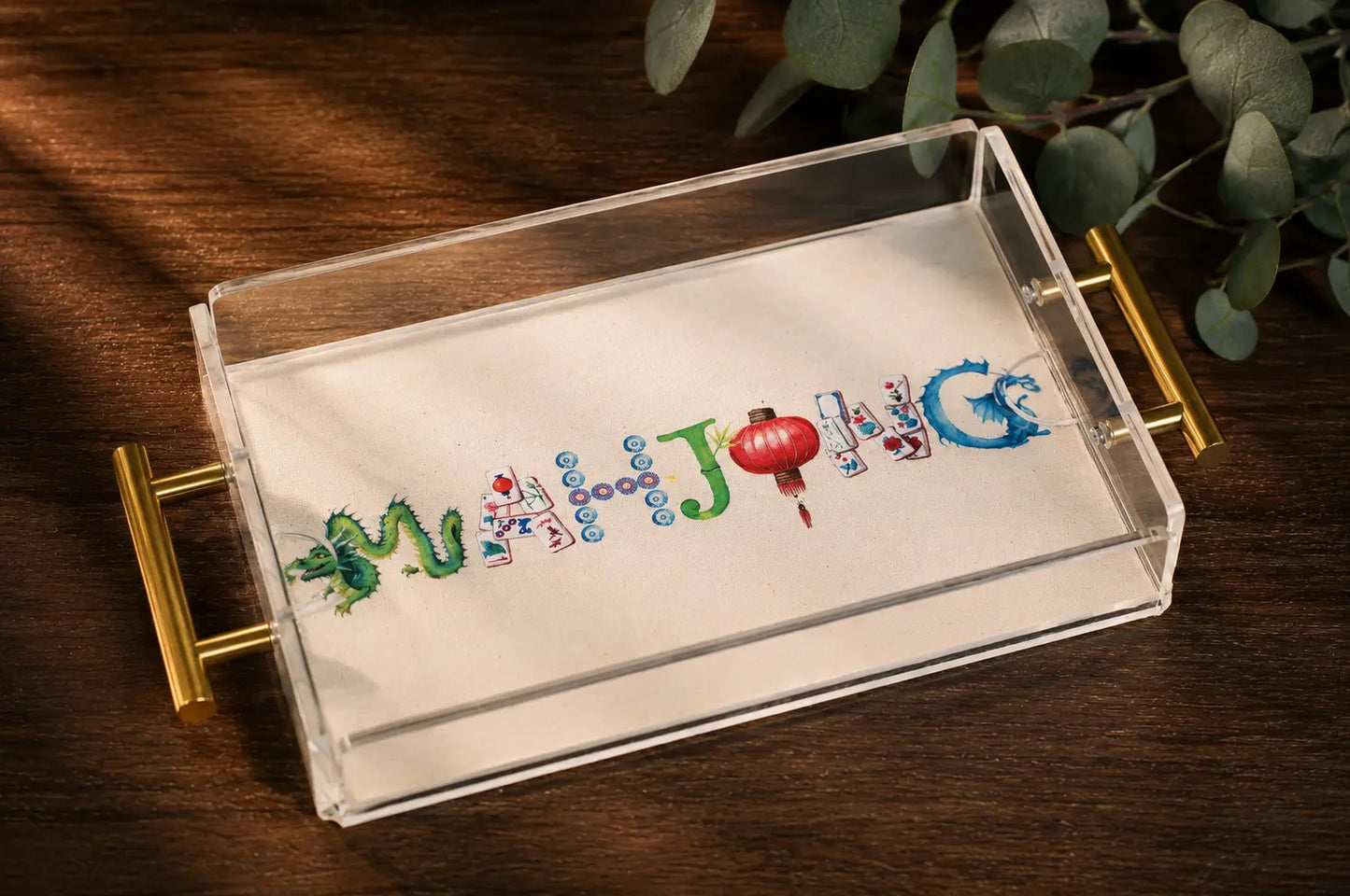 Mahjong Acrylic Tray with Removable Printed Mat