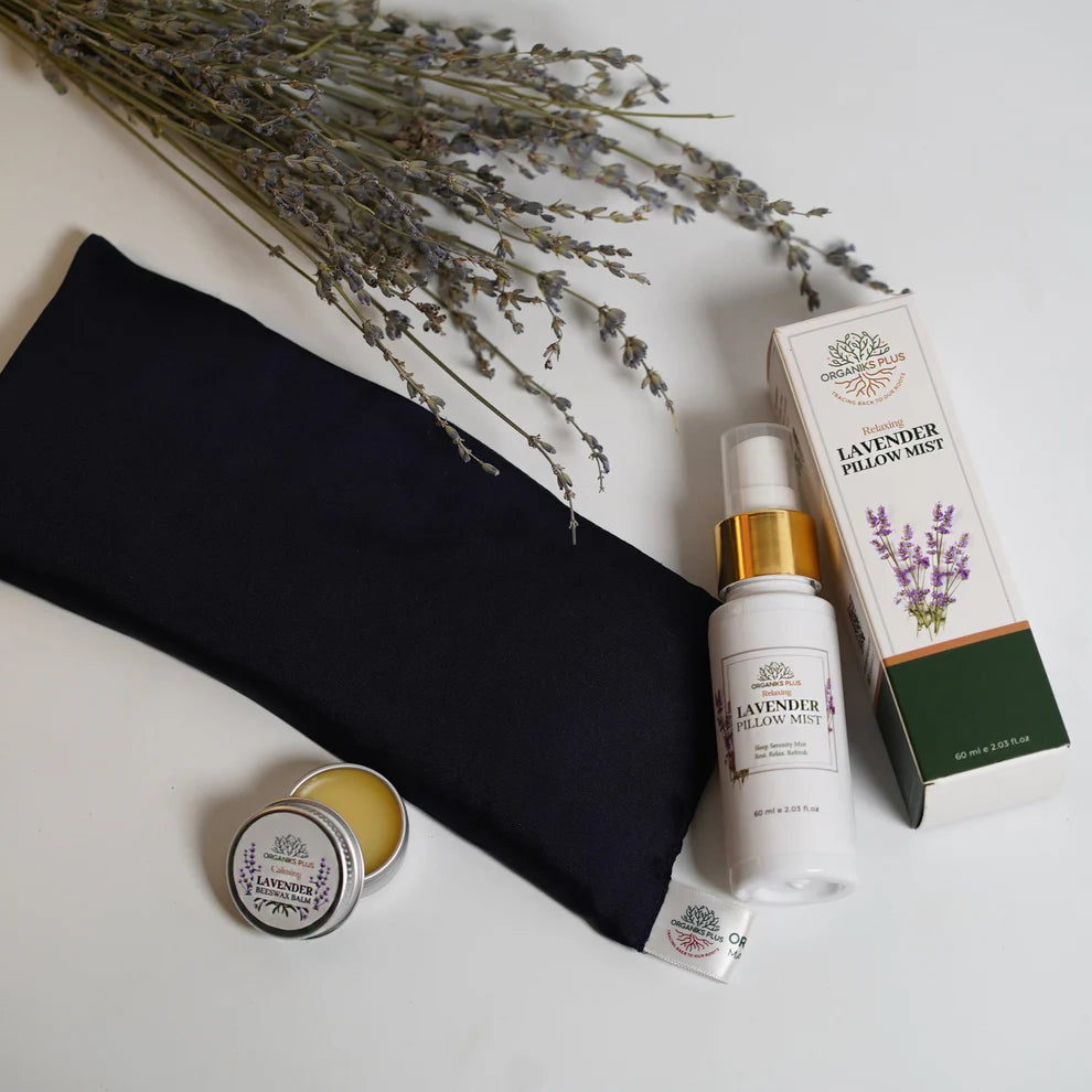 Organiks Plus Lavender Kit – pillow mist, beeswax lavender balm, aromatherapy, eye pad and close-up.