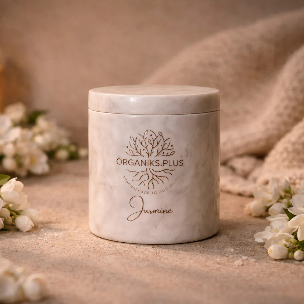 Organiks Plus Jasmine Beeswax Candle – reusable marble jar – clean-burning paraffin-free luxury gift