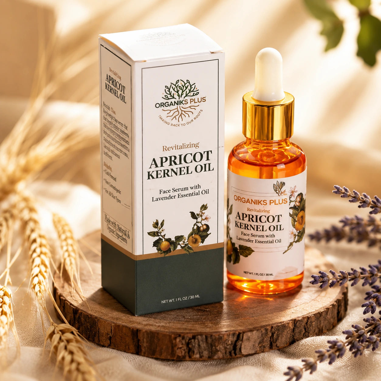 Organiks Plus Apricot Kernel Oil bottle and packaging on a wooden surface with lavender flowers.