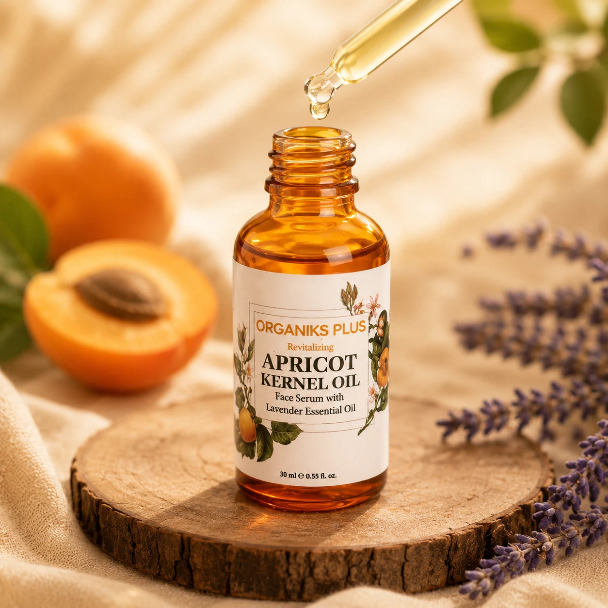 Organik's Plus Apricot Kernel Oil bottle with dropper on a wooden surface with apricots and lavender.