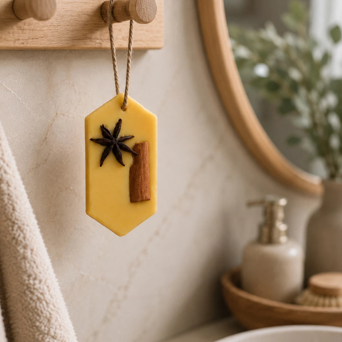 Beeswax Scented Tablet with star anise and cinnamon stick hanging on a wall.