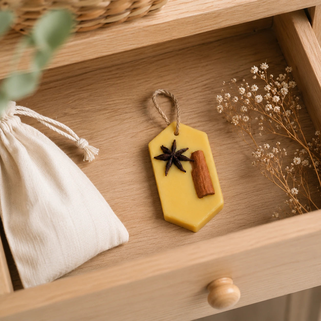 Beeswax Scented Tablet with star anise and cinnamon in drawer to make it smell fresh. 