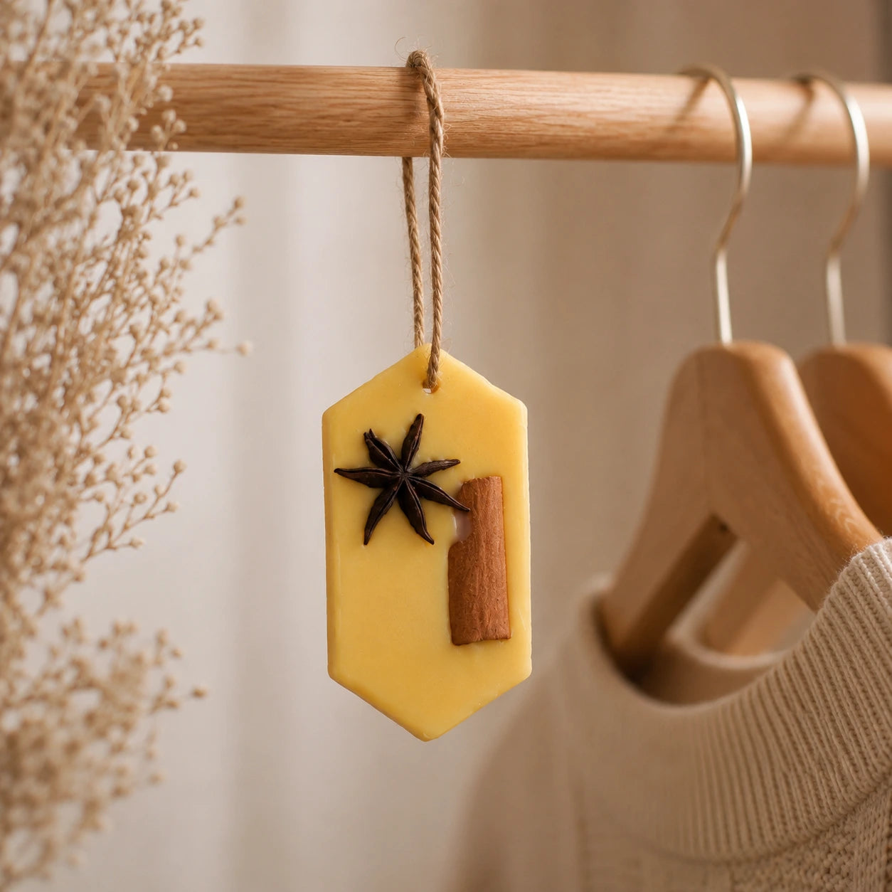Beeswax scented tablet with star anise and cinnamon stick hanging on a Wardrobe