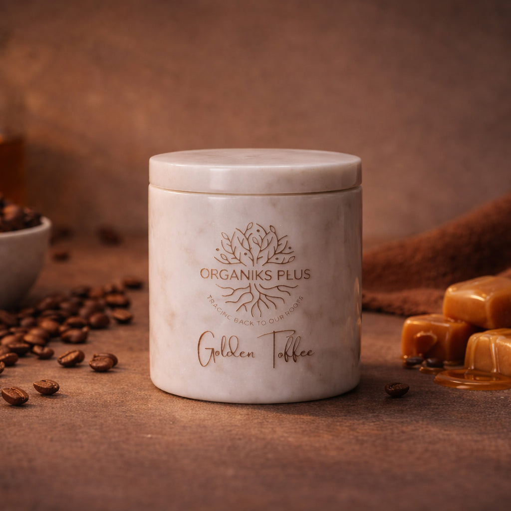 Jar labeled 'Organiks Plus Golden Toffee' with coffee beans and caramels on a brown background