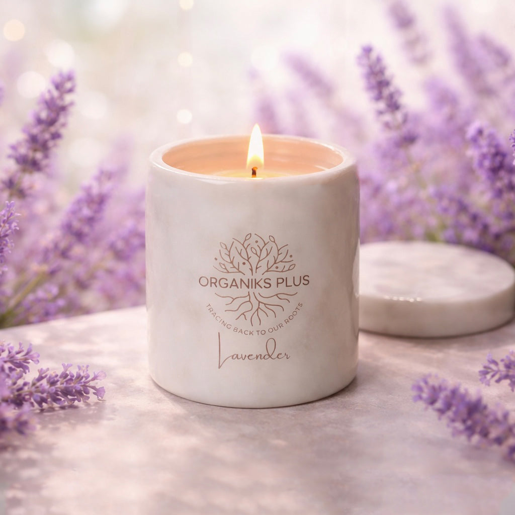 Candle with 'Organiks Plus' branding in a lavender setting