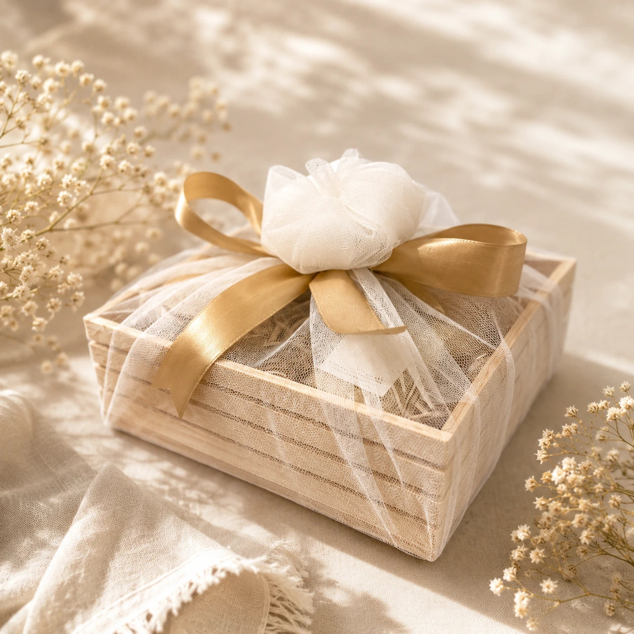 Organiks Plus Gift pack with a gold ribbon and white organza on a soft beige background