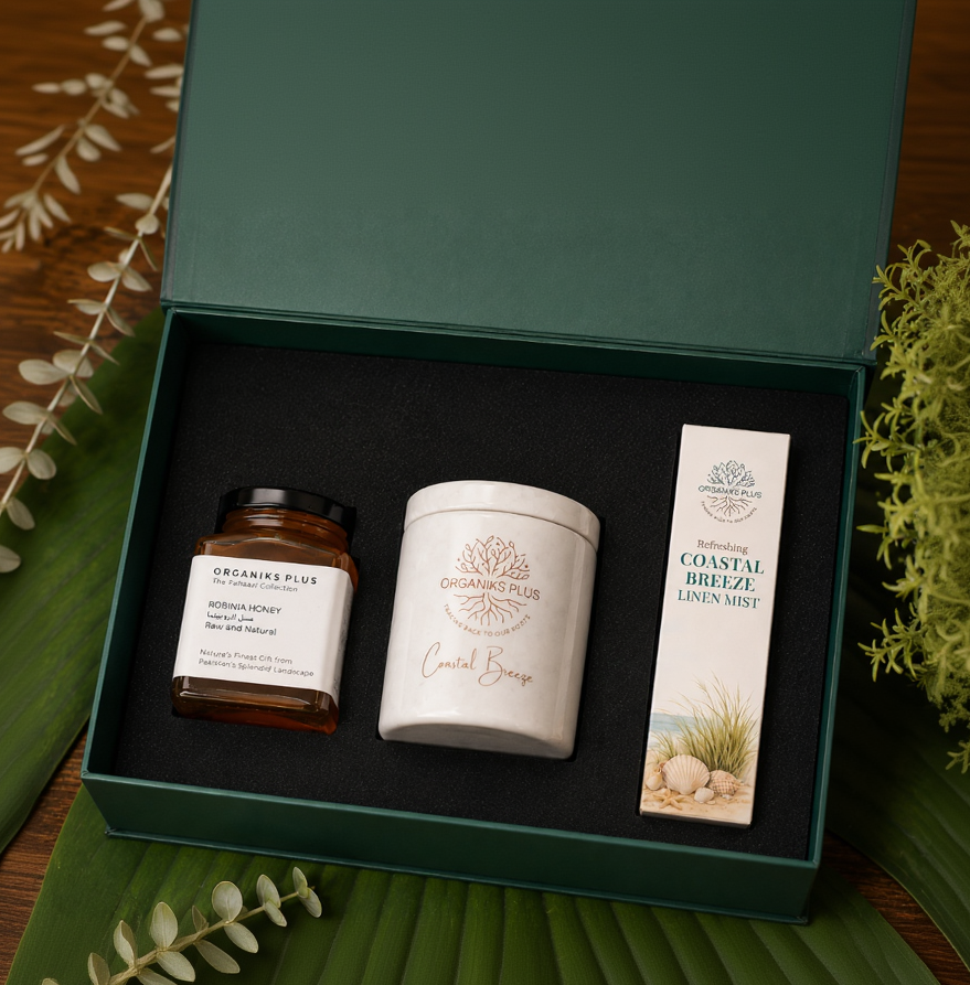 Organiks Plus Signature Gift Box with Mrble candle, Honey and Linen Mist