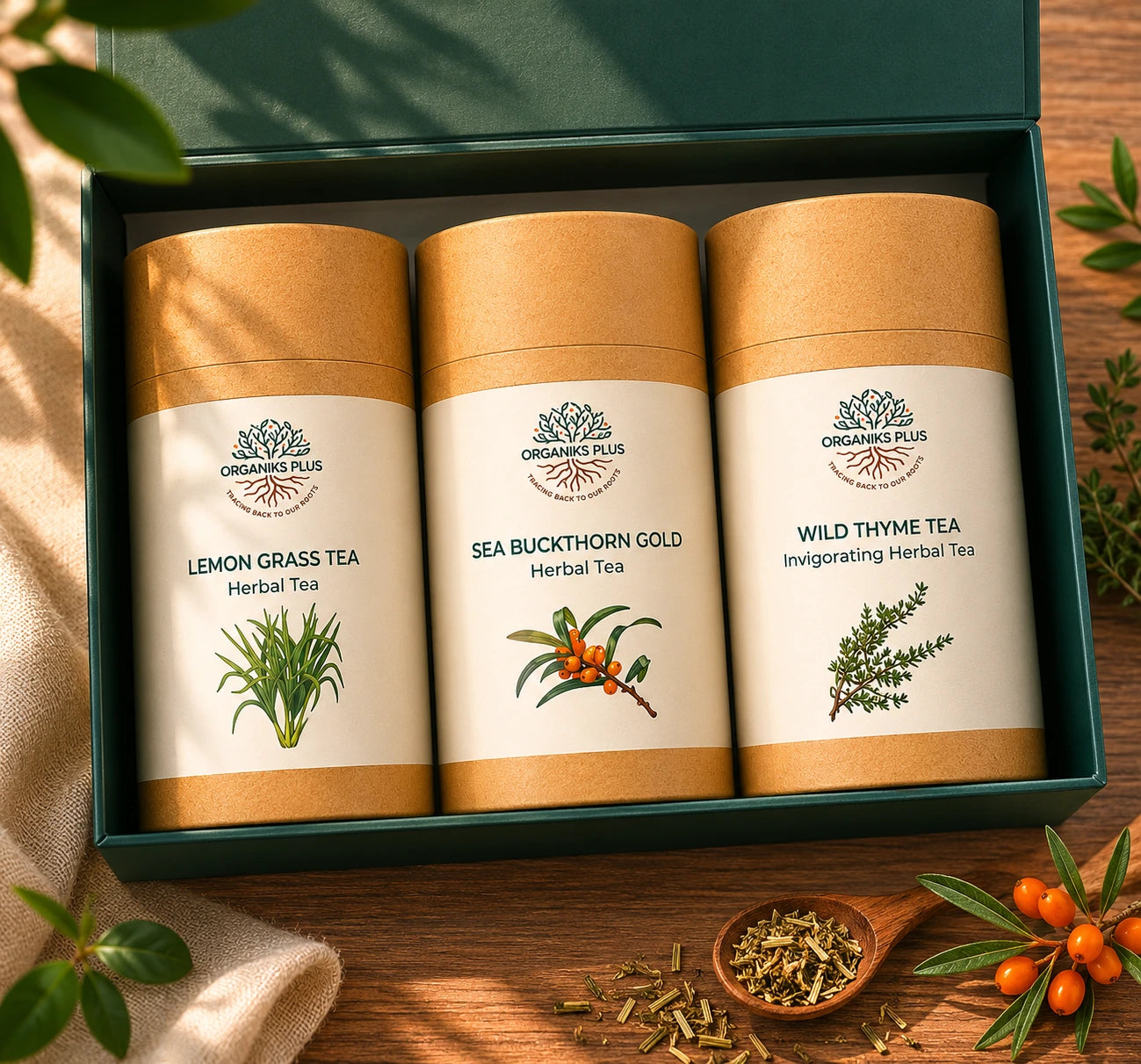 Organiks Plus  tea Pack containers  labeled 'Lemon Grass Tea', 'Sea Buckthorn Gold', and 'Wild Thyme Tea' in a green box on a wooden surface with herbs.