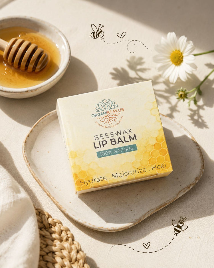 Natural Beeswax Lip Balm by Organiks Plus – apricot kernel oil and tea tree oil – moisturising and healing.