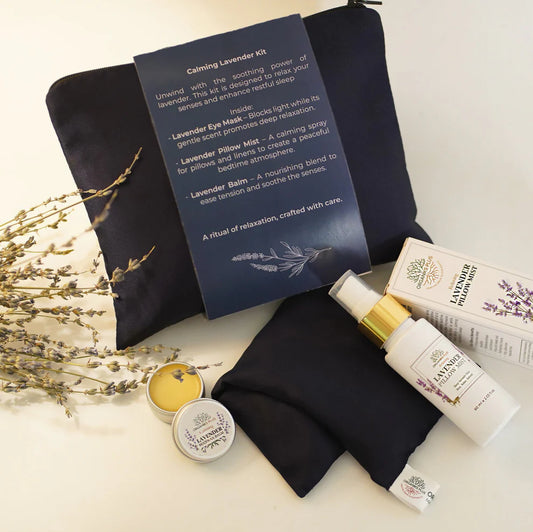 Calming Lavender Gift Kit by Organiks Plus – includes pillow mist, lavender balm and aromatherapy eye pad.