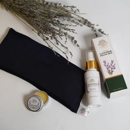 Organiks Plus Lavender Kit – pillow mist, beeswax lavender balm, aromatherapy, eye pad and close-up.