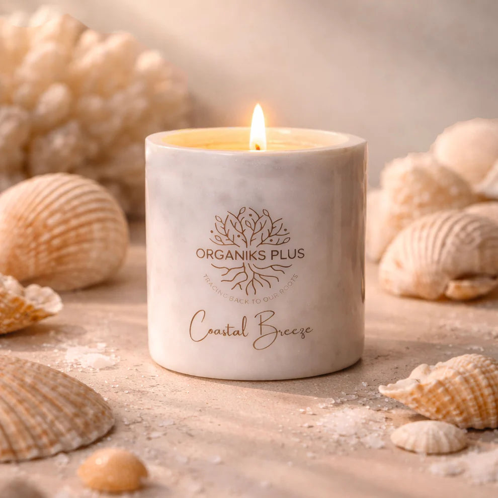 Coastal Breeze Marble Beeswax Scented Candle – fresh ocean and sea salt fragrance in marble jar – Organiks Plus