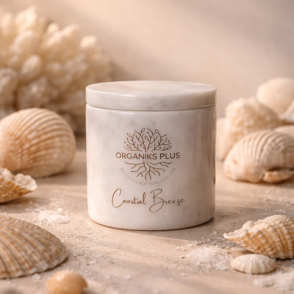 Organiks Plus Coastal Breeze Beeswax Candle – natural clean-burning candle in reusable marble jar – luxury gift Pakistan