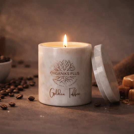 Golden Toffee Marble Beeswax Candle – buttery caramel and toffee fragrance in marble jar – Organiks Plus Pakistan
