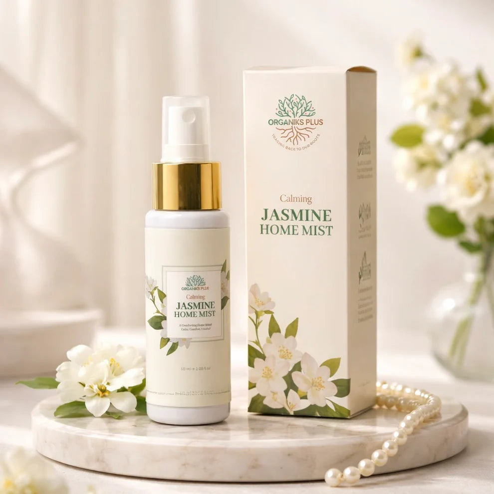 Organiks Plus Jasmine Home Mist 60ml bottle – pure jasmine essential oil room and pillow spray.