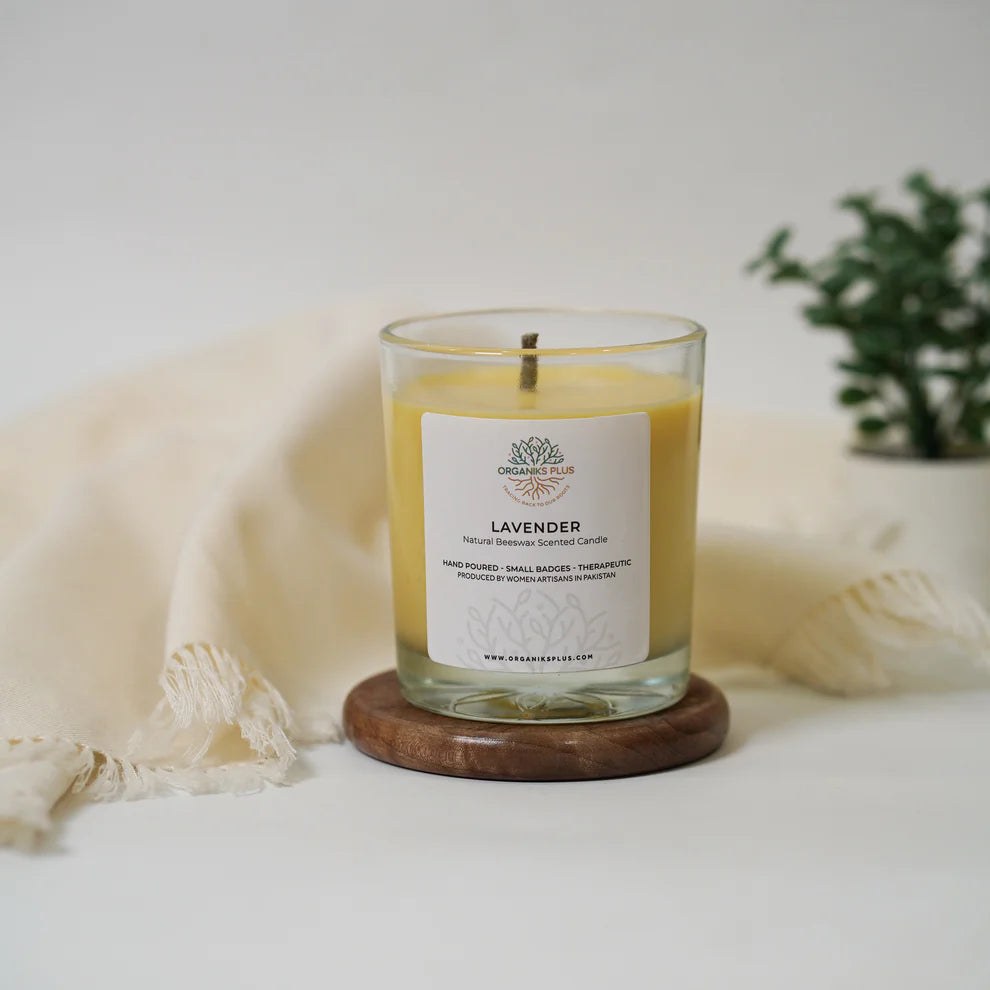 Natural lavender scented beeswax candle in glass jar – calming home fragrance – Organiks Plus