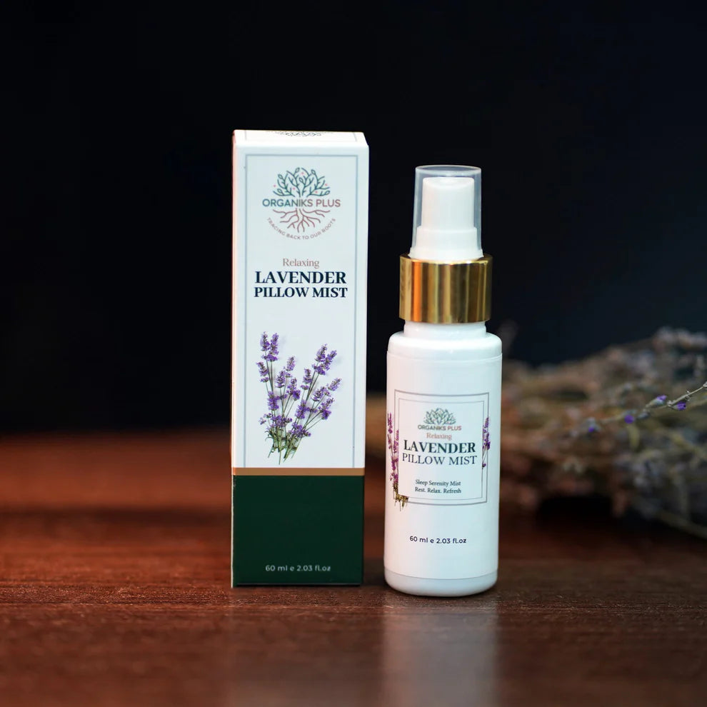Organiks Plus Lavender Pillow Mist 60ml bottle – pure lavender essential oil sleep spray.