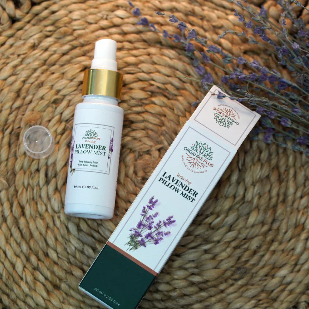 Lavender Pillow Mist spray bottle by Organiks Plus for bedtime relaxation and stress relief.