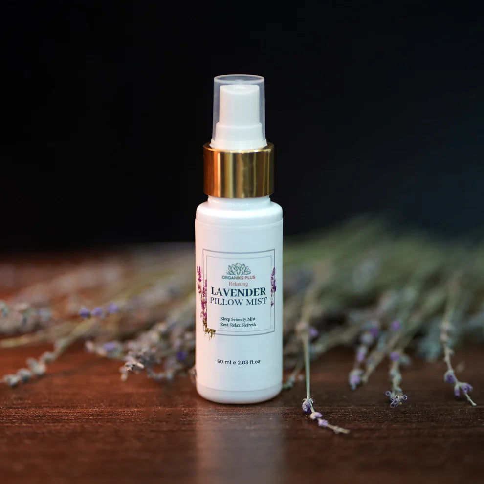 Organiks Plus natural lavender pillow spray for deep restful sleep – 100% pure essential oil.