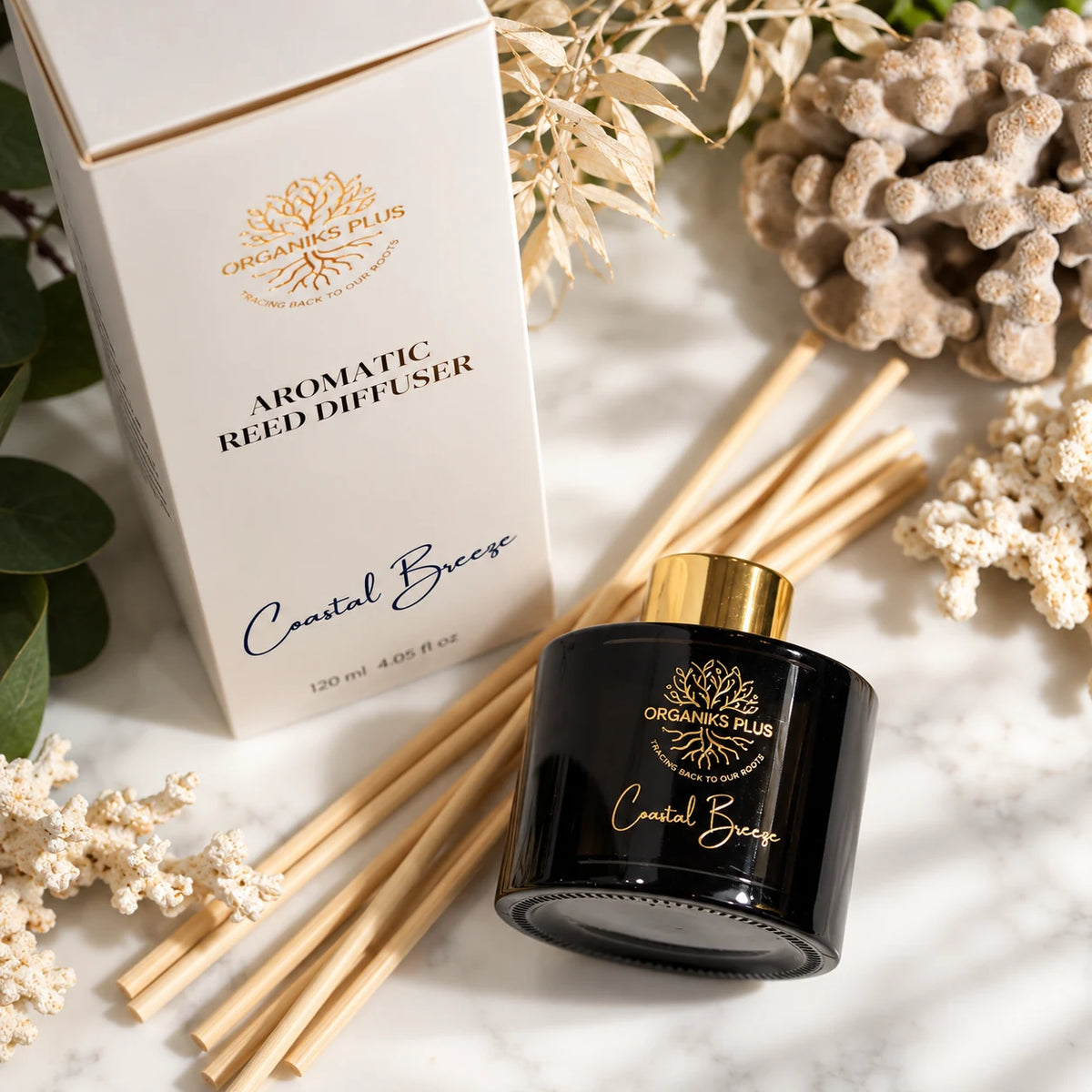 Organiks Plus Coastal Breeze aromatic reed diffuser in a dark glass bottle with gold foil logo, cream packaging with black lettering, natural reeds, red roses and oud wood on a marble surface