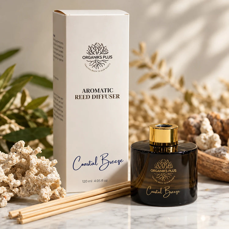Organiks Plus Coastal Breeze aromatic reed diffuser, 120 ml, with gift box and reed sticks