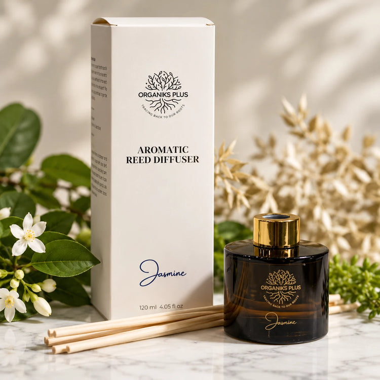 Organiks Plus Jasmine reed diffuser 120 ml in a dark bottle with gold ring, presentation box and reed sticks