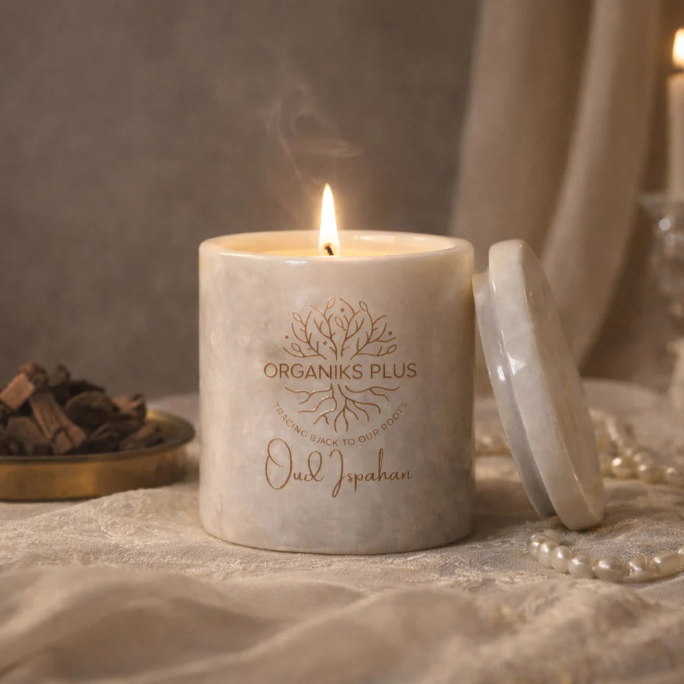 Oud Ispahan Marble Beeswax Scented Candle – luxury Oriental oud fragrance in marble jar – Organiks Plus
