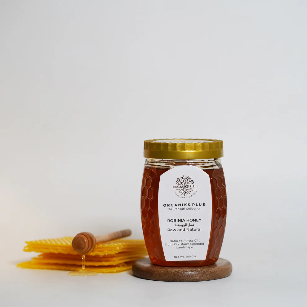 Robinia Honey 500g plastic jar with honey dipper – unfiltered antioxidant-rich honey – Organiks Plus.