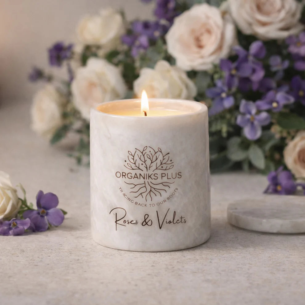 Rose & Violets Marble Beeswax Scented Candle lit – luxury natural candle in marble jar – Organiks Plus