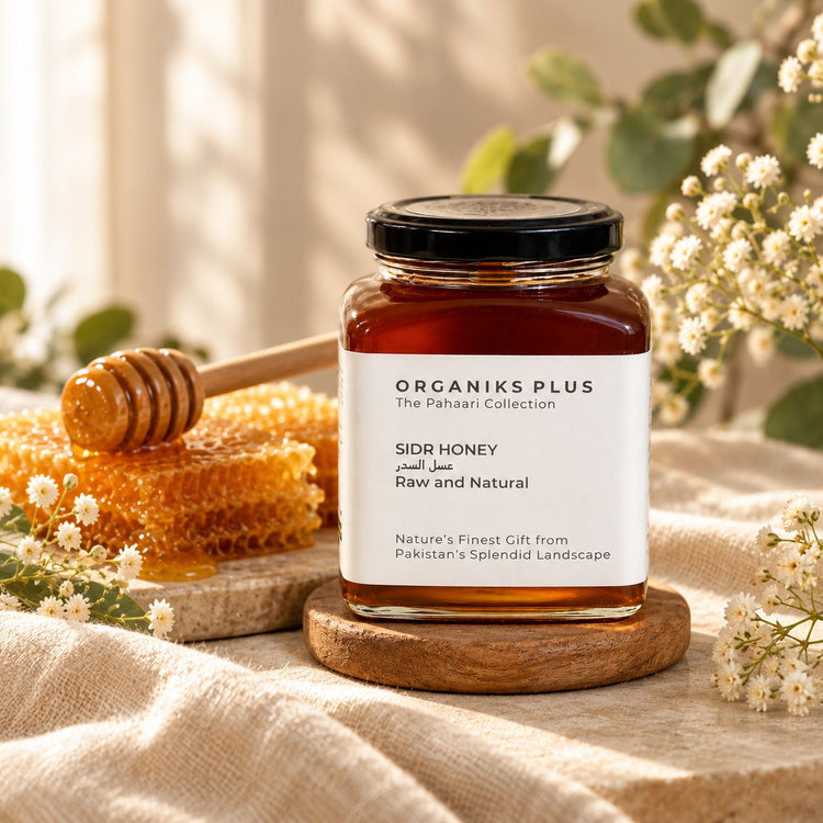 Organiks Plus Sidr Honey glass jar – dark amber raw honey from Karakoram mountains – harvested once a year.