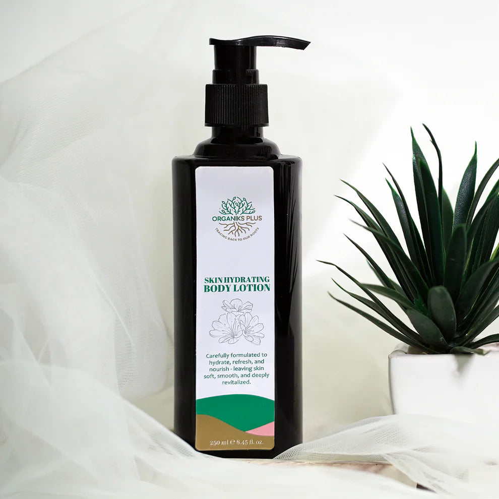 Natural Skin Hydrating Body Lotion by Organiks Plus – lightweight non-greasy moisturiser for all skin types.