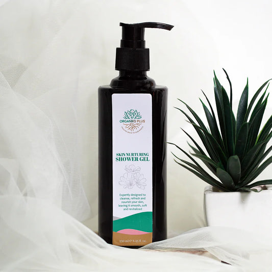 Natural Skin Nurturing Shower Gel by Organiks Plus – gentle moisturising body wash for sensitive skin.