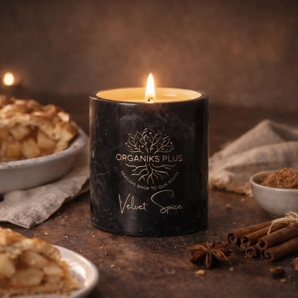 Velvet Spice Marble Beeswax Candle – apple and cinnamon fragrance in black marble jar – Organiks Plus Pakistan